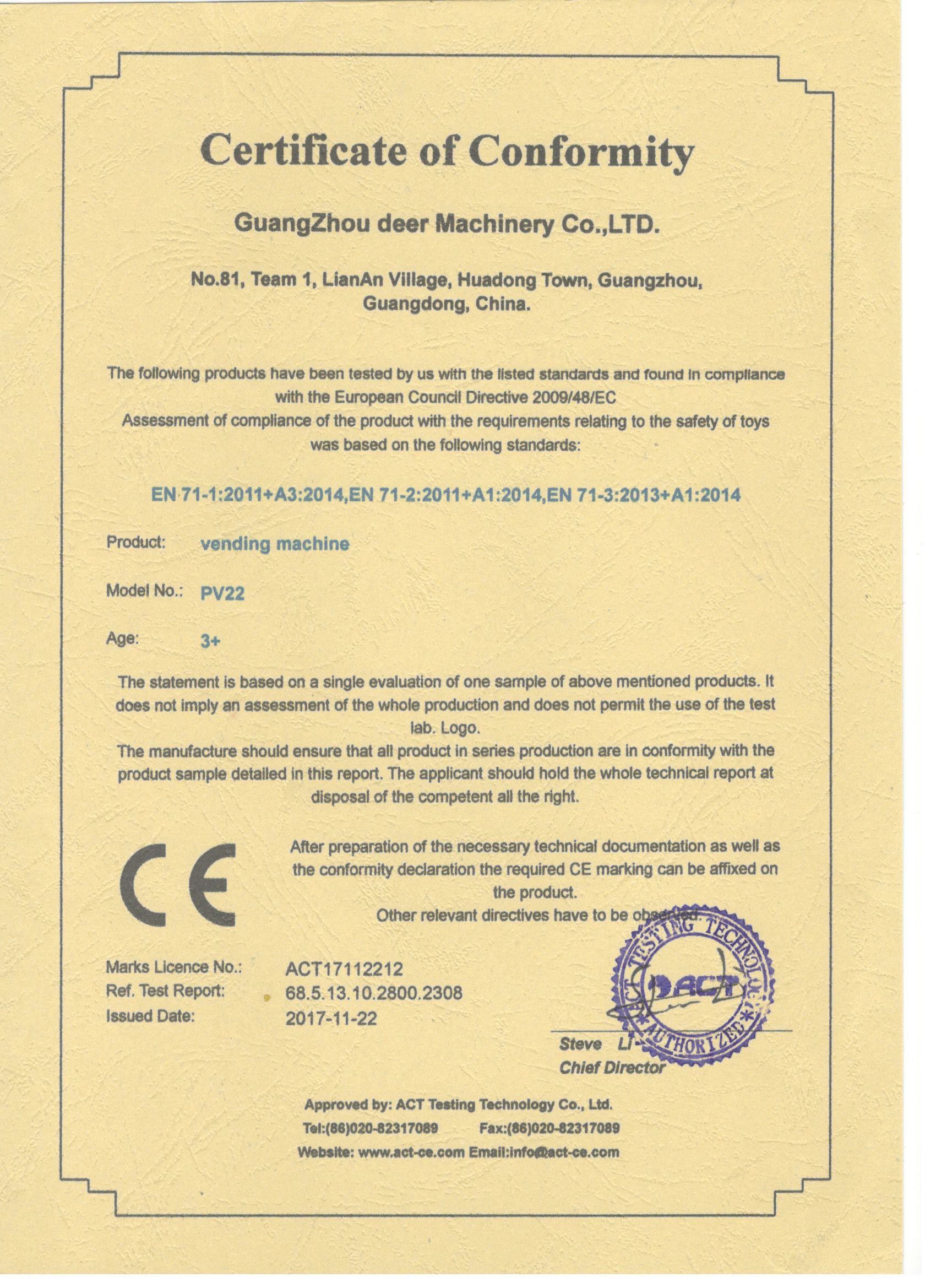 चीन Guangzhou Deer Machinery Co., Ltd. प्रमाणपत्र